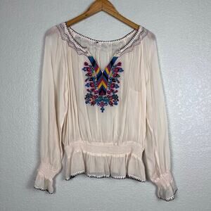 Robert Graham Peasant Blouse Womens XS Sheer Cream Rainbow Embroidery Boho Artsy
